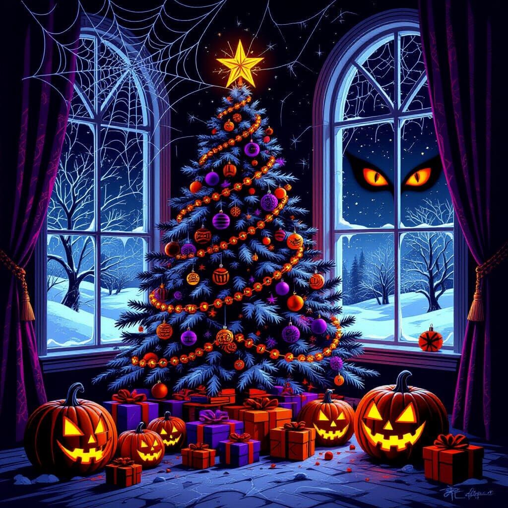 Creepy Christmas Tree with Spiders, Pumpkins, and Vampire Ey...