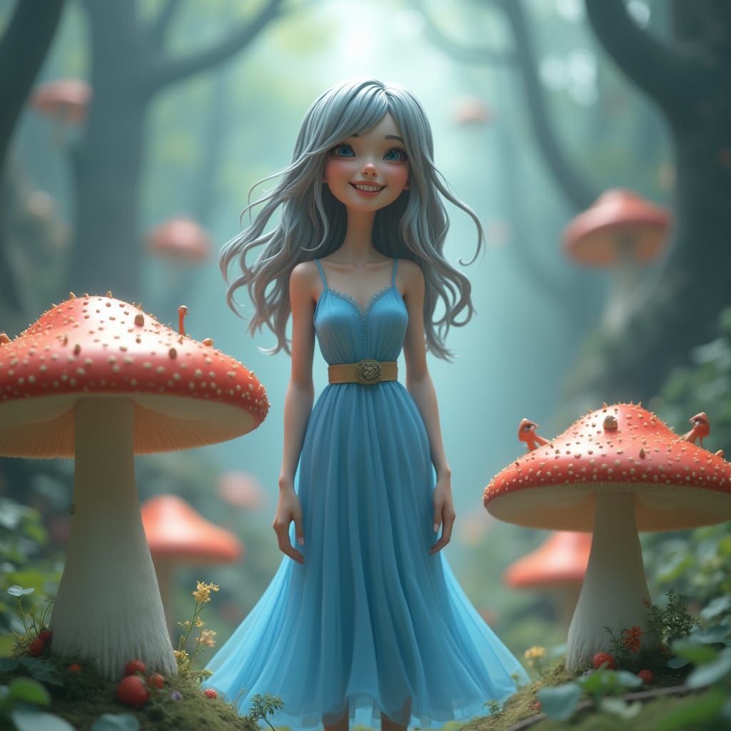 Woman on Mushroom in Dreamy 3D Fantasy Scene