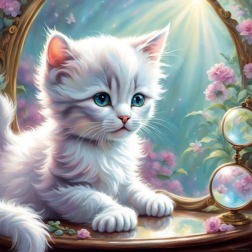 Kitten's Reflections: A Pastel Fantasy Portrait