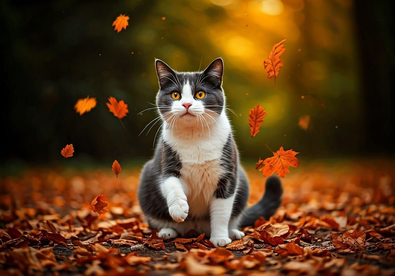 Tuxedo Cat in Autumn Leaves, Watercolor Portrait