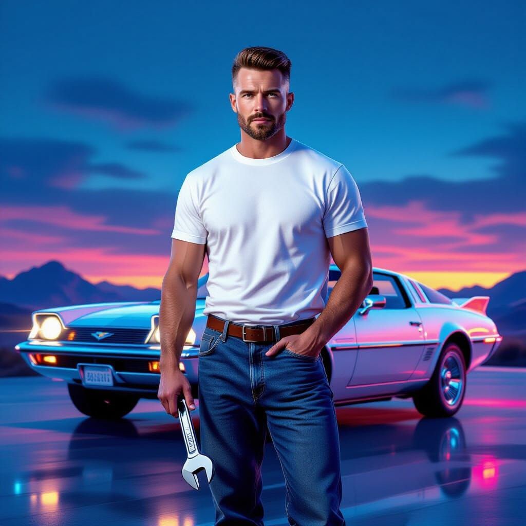 Retro-Futuristic Man with Flying Car Portrait