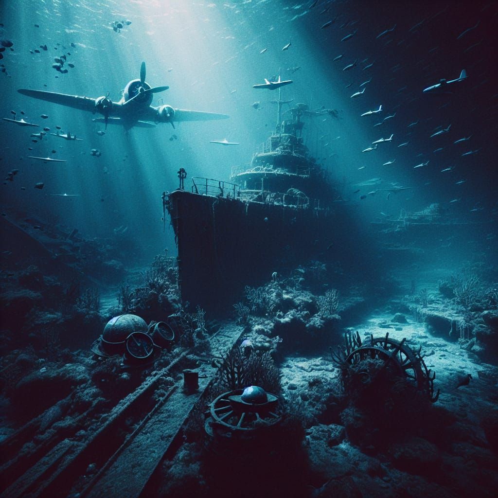 Underwater Scene in Bermuda Triangle with Sunken Vessels