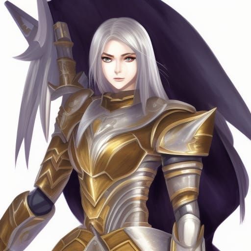 Anime Style Woman with White Hair and Gold Armor