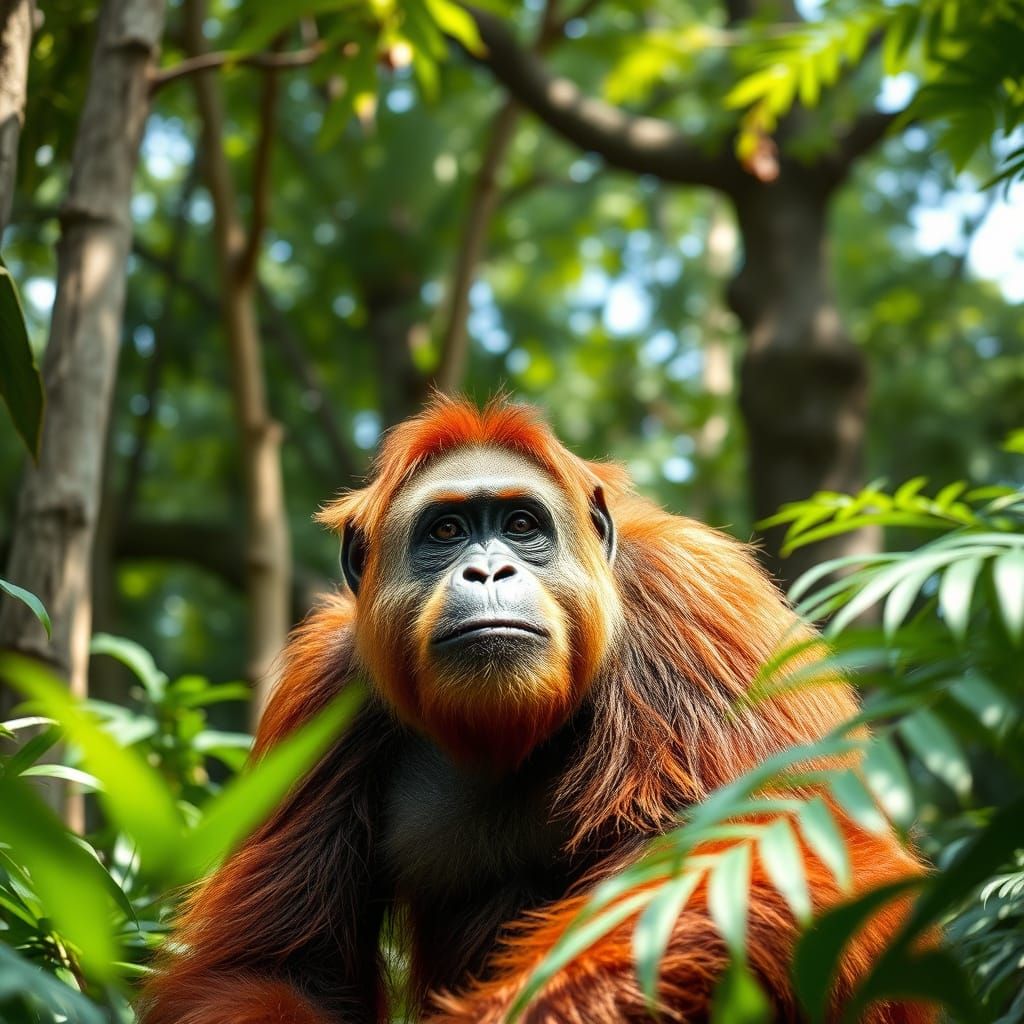 Photorealistic Orangutan in Malaysian Jungle with Blur Backg...