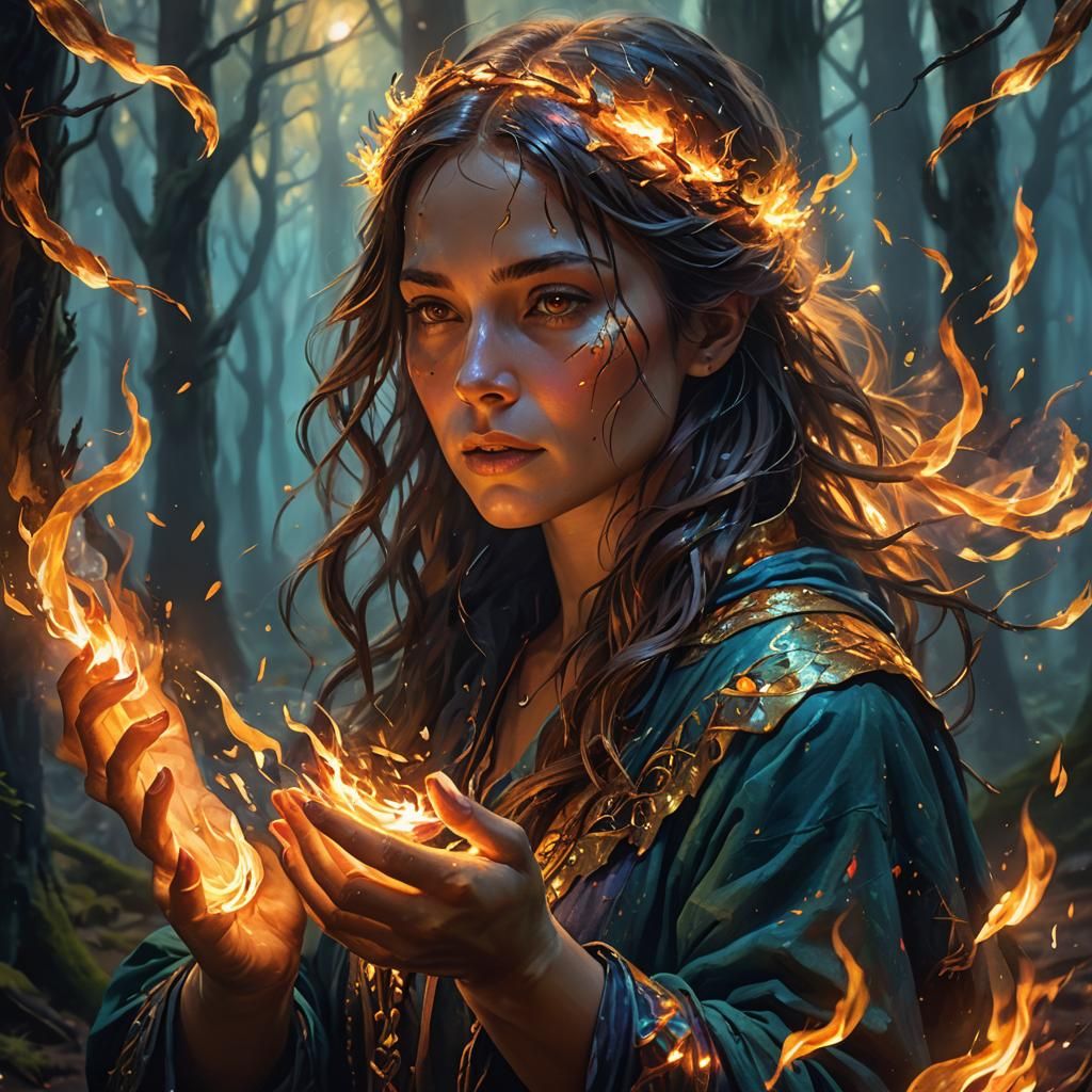 Mystical Forest Woman Playing with Firelight