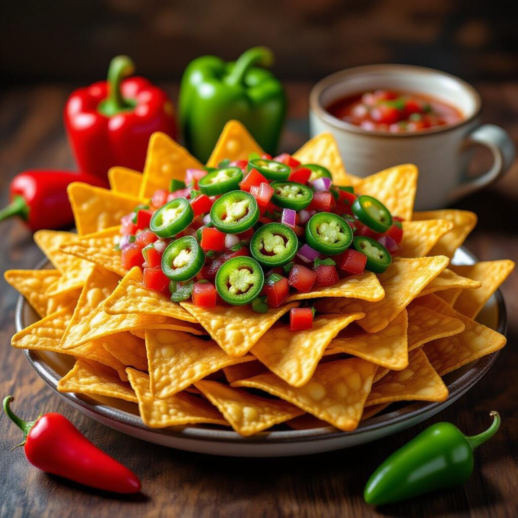 Hyperrealistic Nachos with Peppers and Salsa