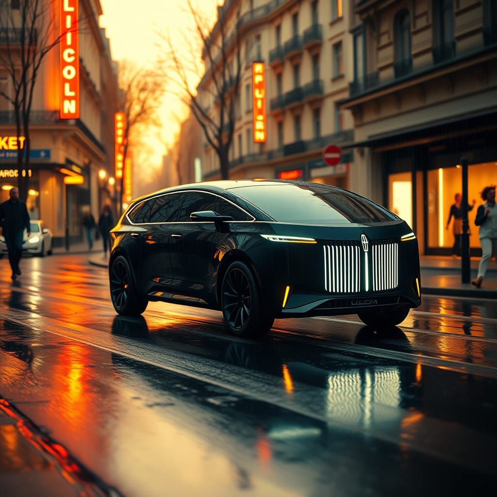 Lincoln Kombi Concept Cruises in Neon-lit Neo Paris Autumn