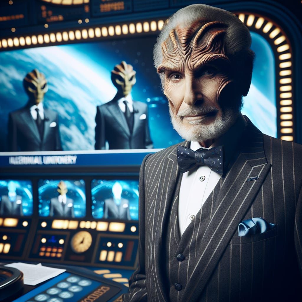 Elegant Alien News Anchor in Futuristic Newsroom