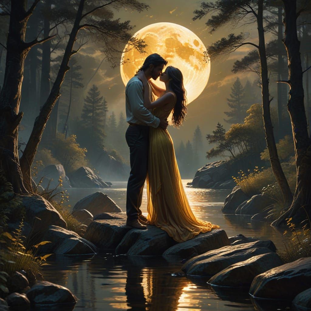 Lovers Kiss Under Golden Moon: Fine Art Painting