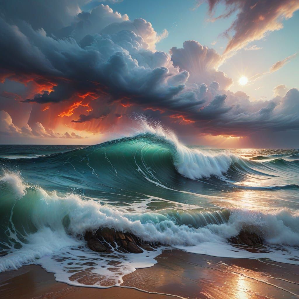 Textured Ocean Landscape with Stormy Clouds in Impasto Style