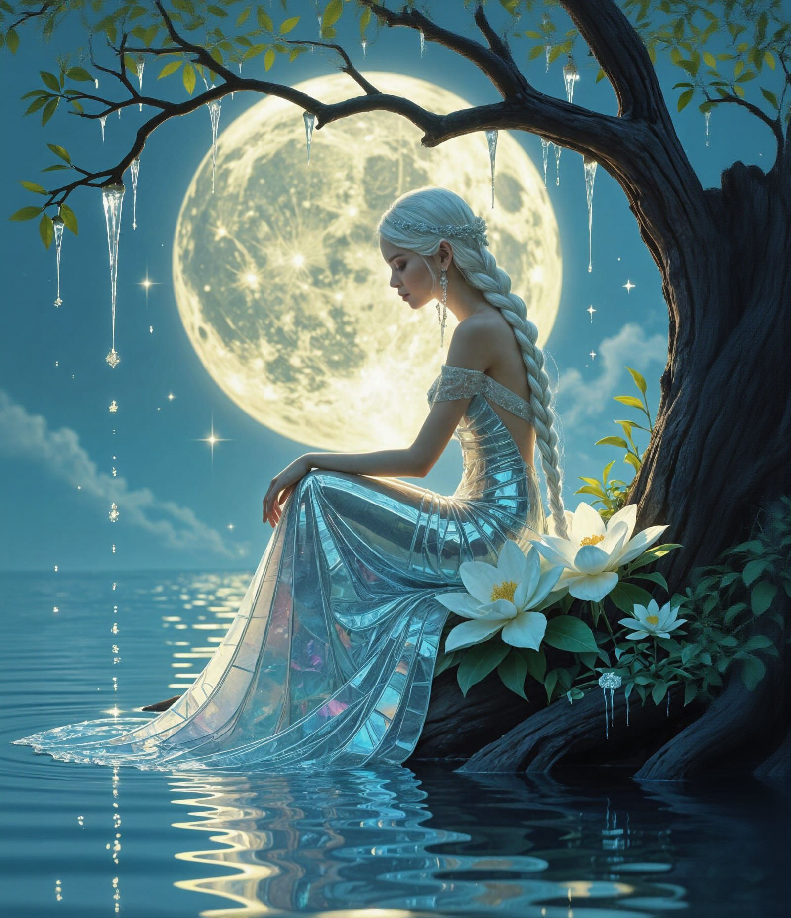 Tiny Fairy in Mirrored Glass Dress Reflecting Moonlit Night