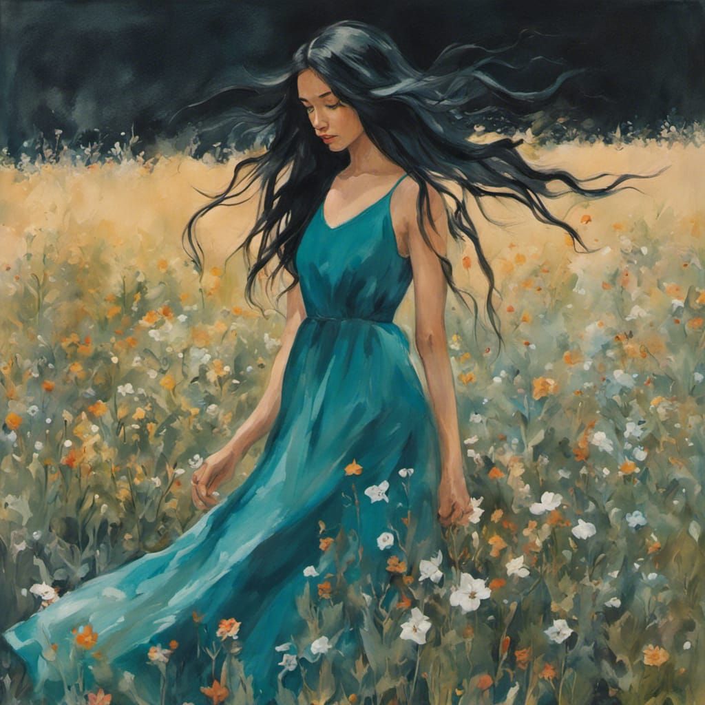 Woman in Teal Dress in Wildflower Field: Gouache Painting