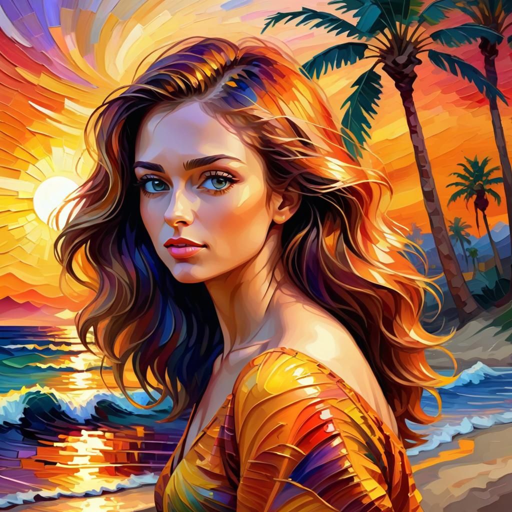 Woman at Sunset: Impasto and Fractal Art