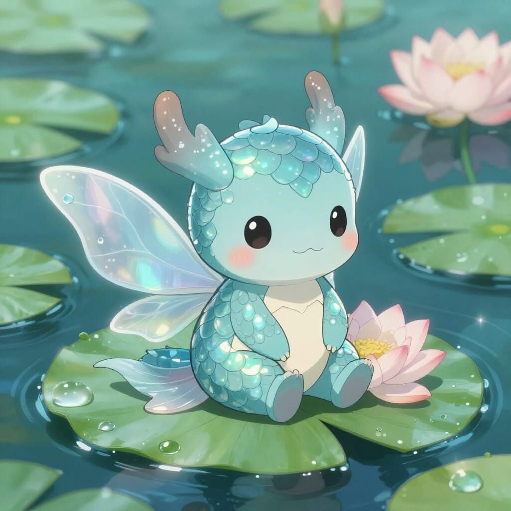 Kawaii Chibi Water Fae Creature on Lily Pad