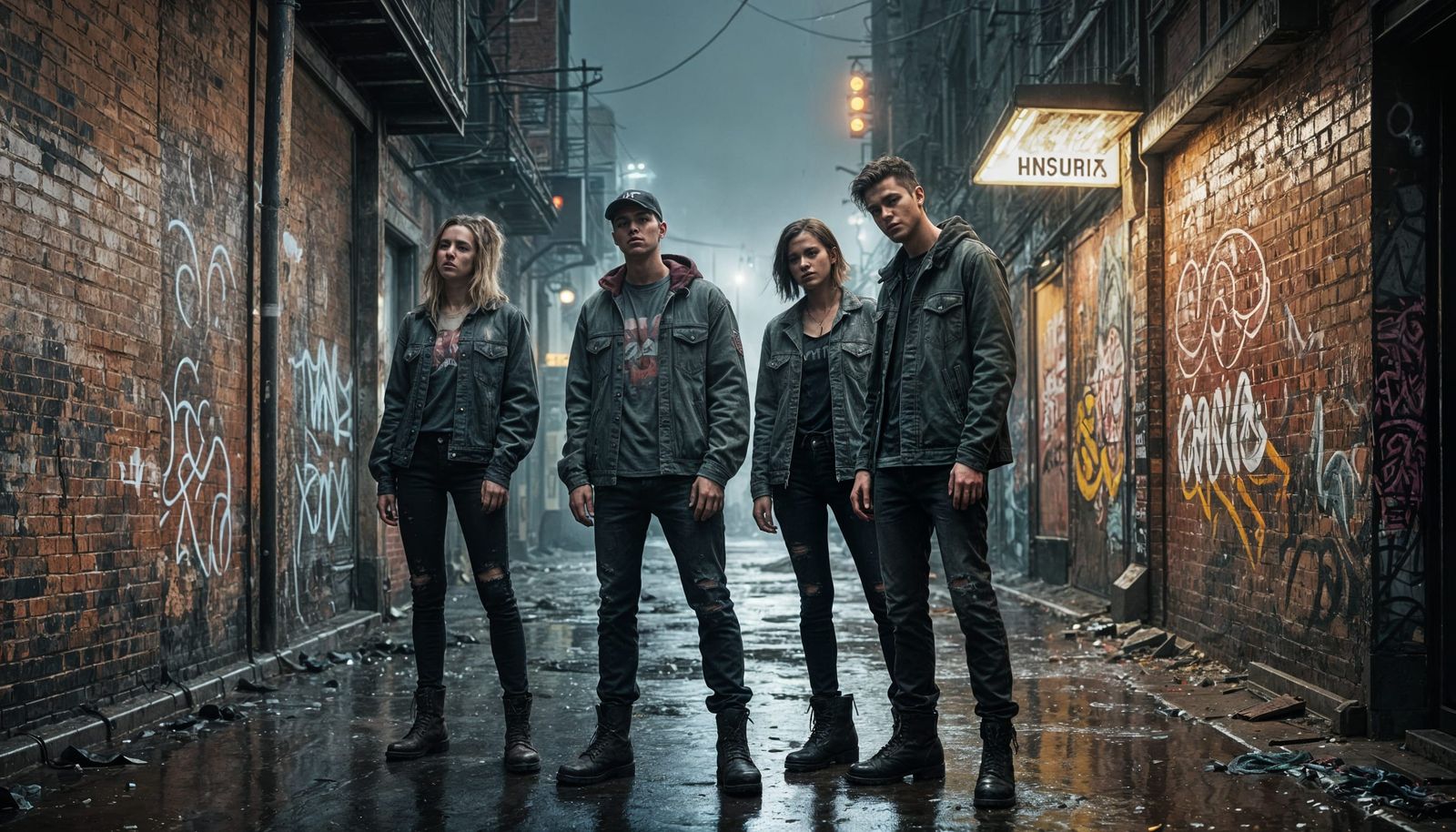 Moody Grunge Scene in a Rain-Soaked Alleyway