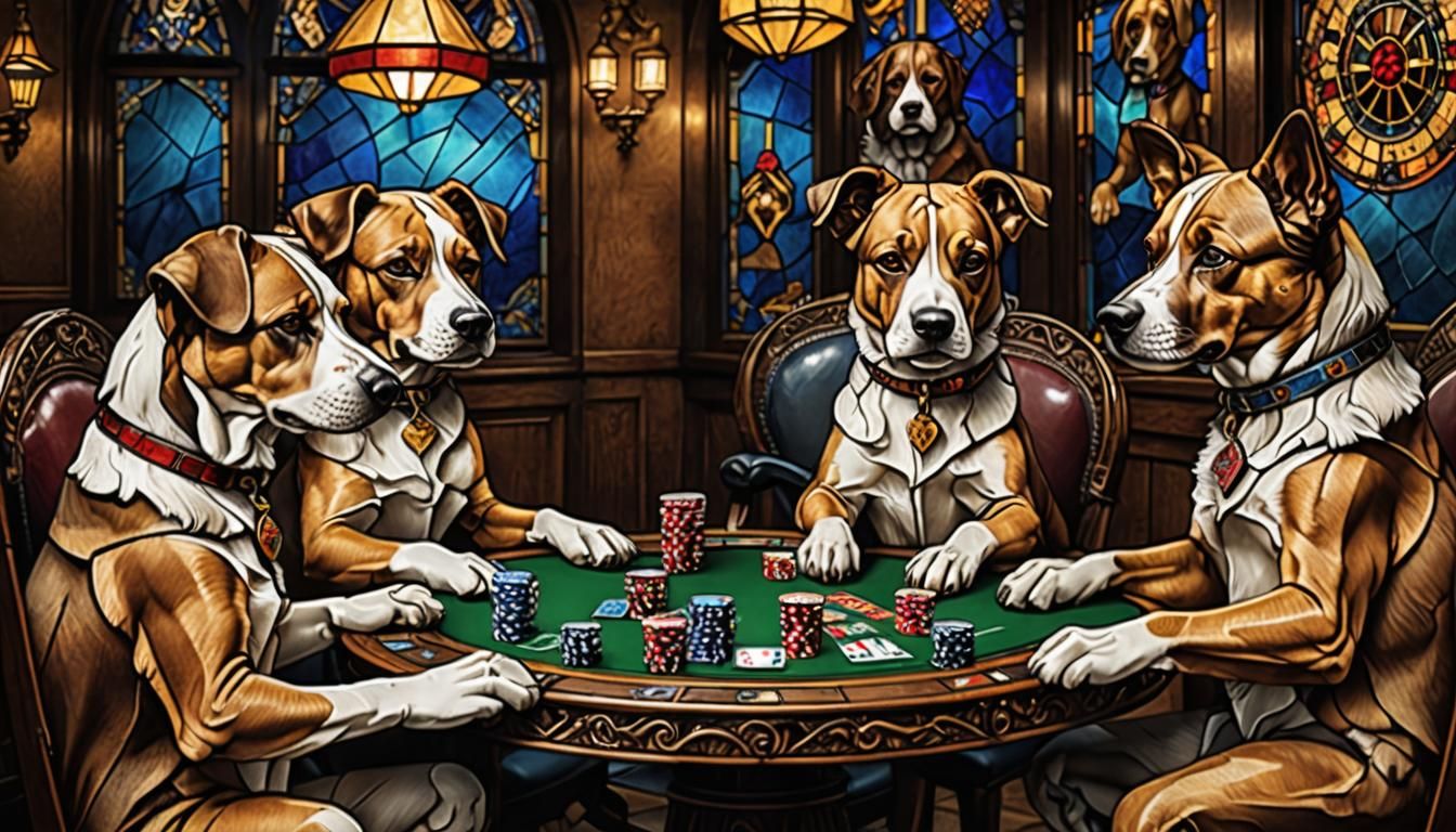 Stained Glass Dogs Play Poker in HDR
