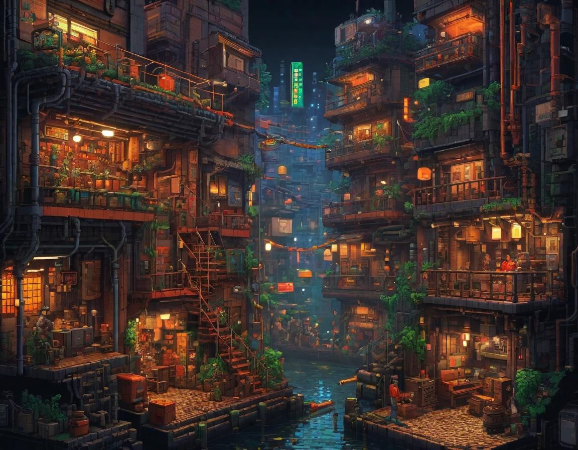 Cyberpunk Village Alley in Pixel Art Style