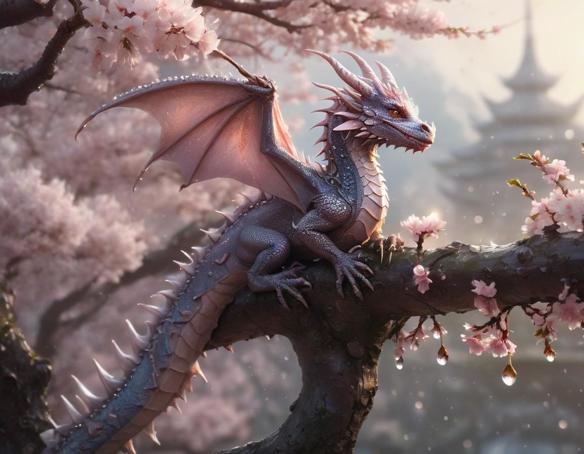 Dragon with Dew Drops on Cherry Blossom Branch