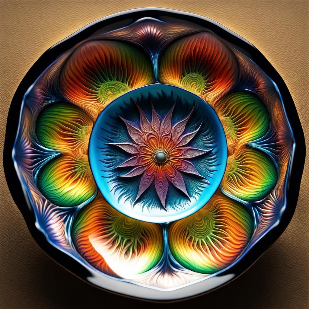 Elaborate Crystal Bowl with Colorful Acid Ink Background