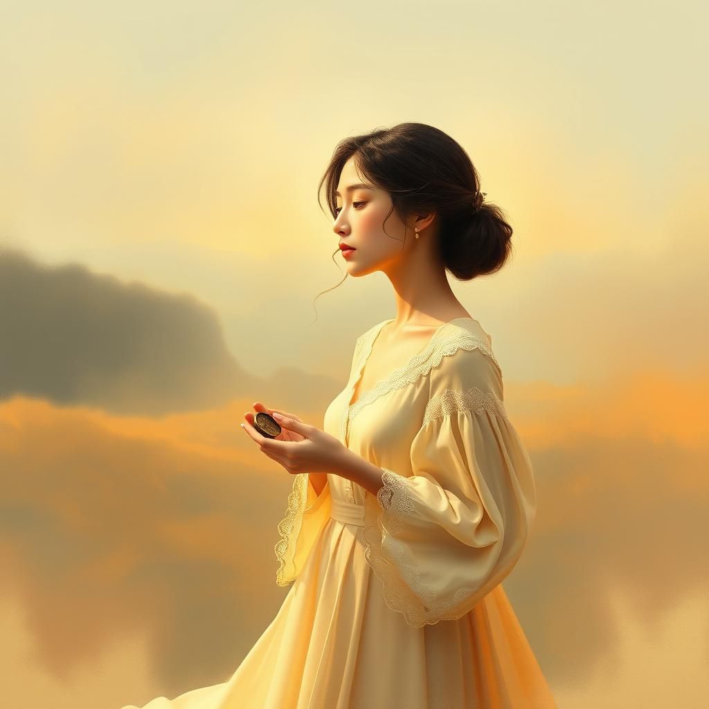 Serene Woman in Golden Light, Dreamy Anime Style