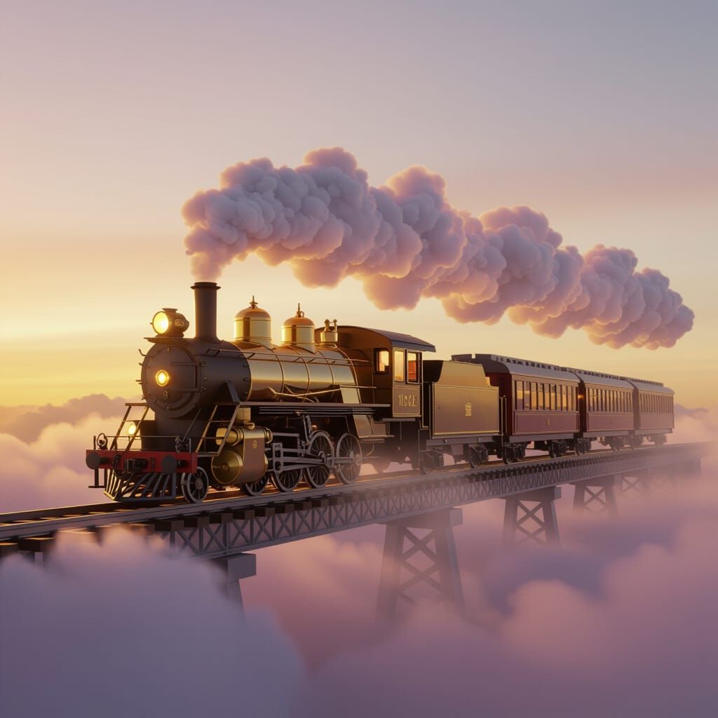 Golden Steam Train on Cloud Bridge at Sunset