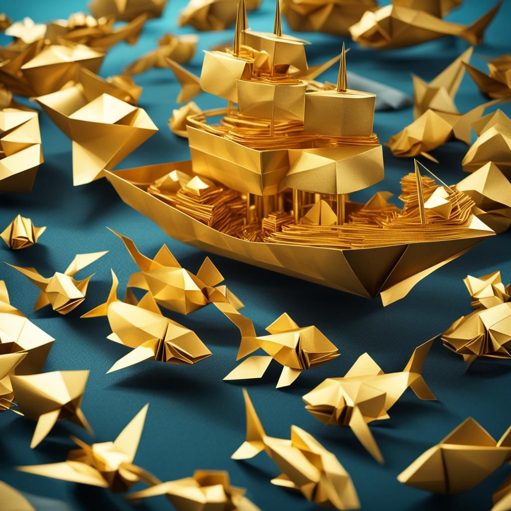 Golden Origami Treasure Boats in Ocean