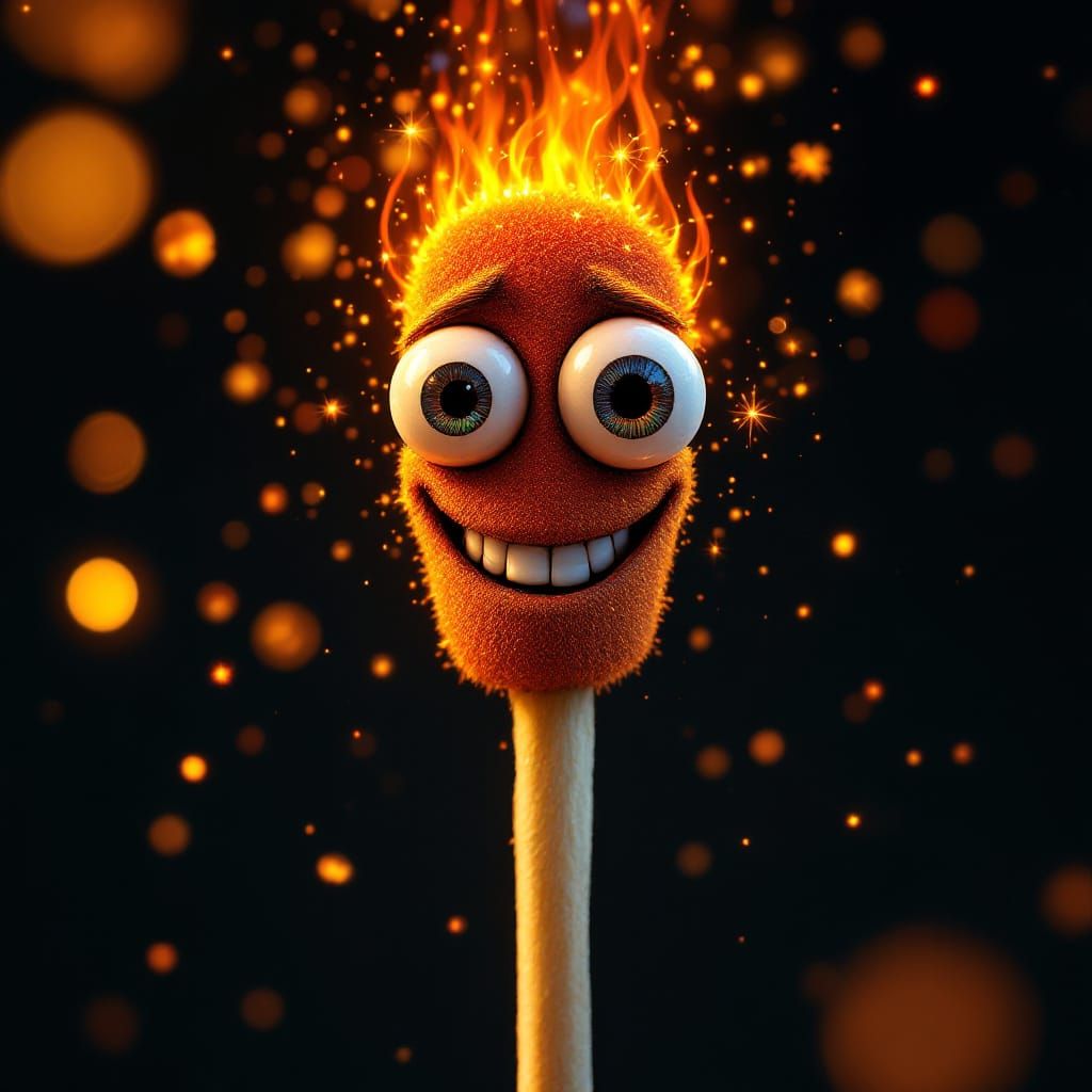 Whimsical Matchstick Character with Sparkling Eyes