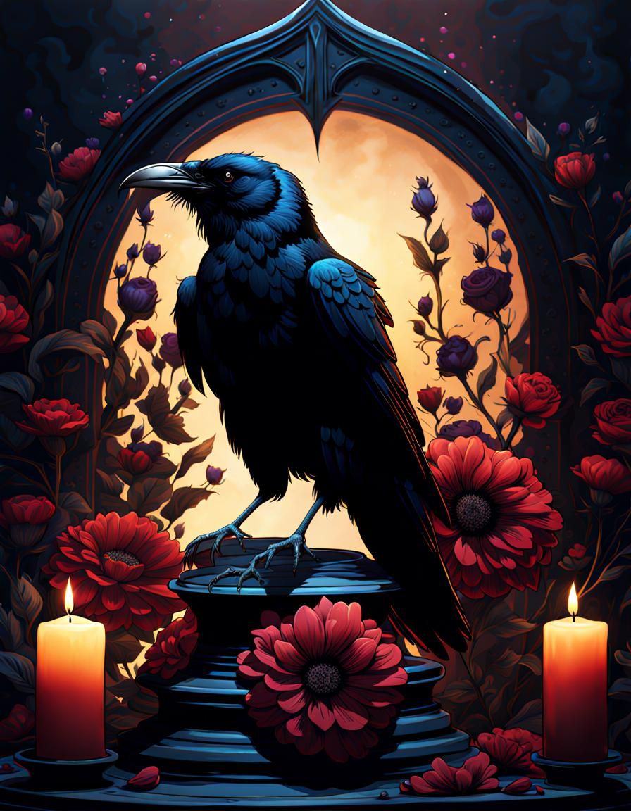 Gothic Black Raven with Candle in Detailed Matte Painting