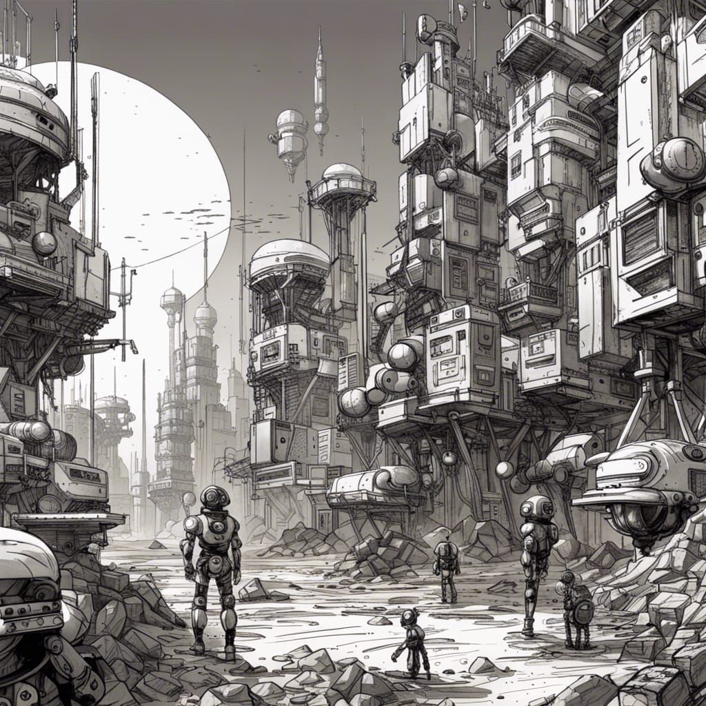 Robots on Mars: Enki Bilal Style Ink Drawing