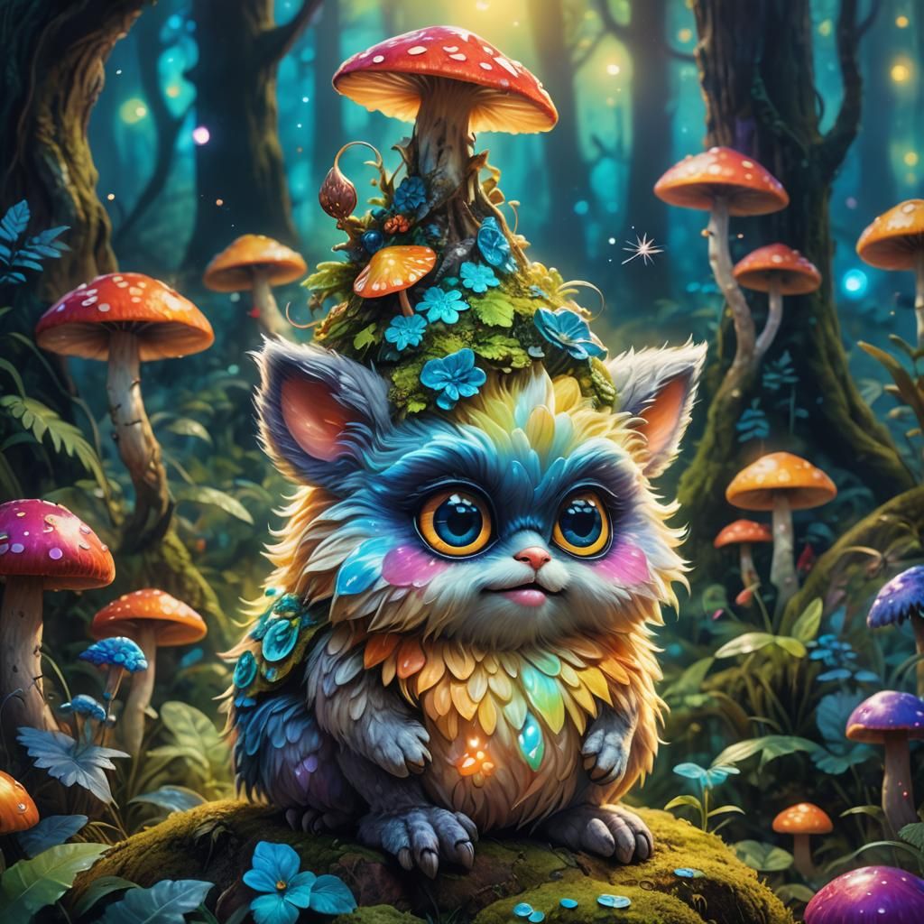 Mystical Creature Perched on Glowing Mushroom in Vibrant Fan...