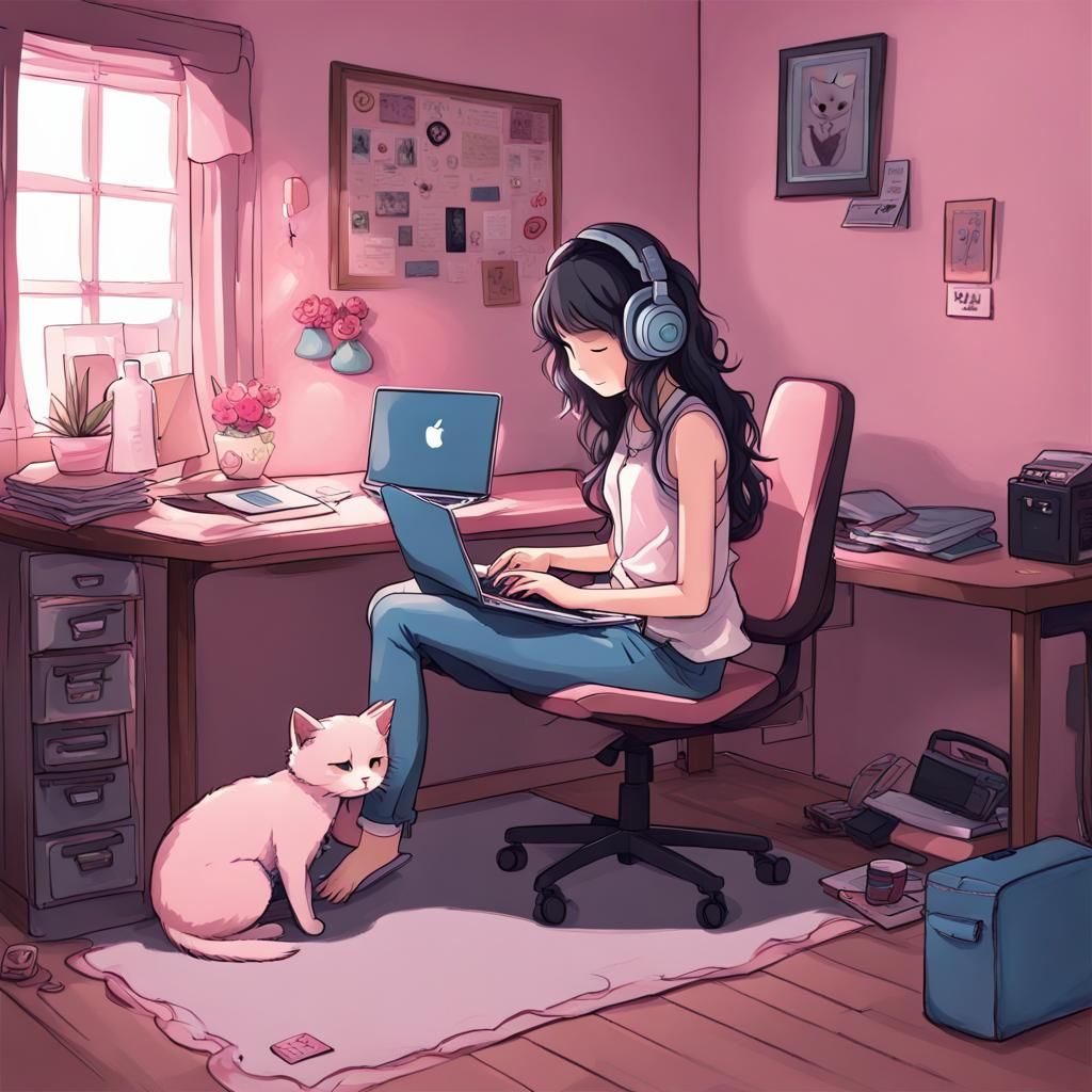 Anime Girl in Shabby Chic Room with Kitten