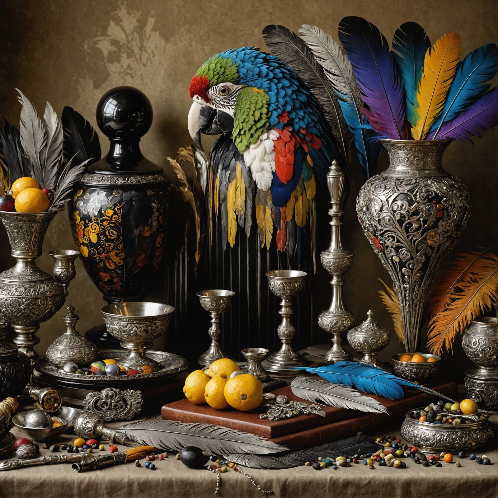 Art Nouveau Still Life with Ebony and Parrot Feathers