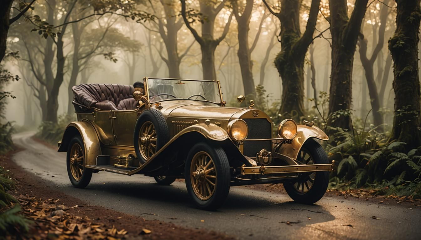 Antique Elven Car on Misty Forest Road