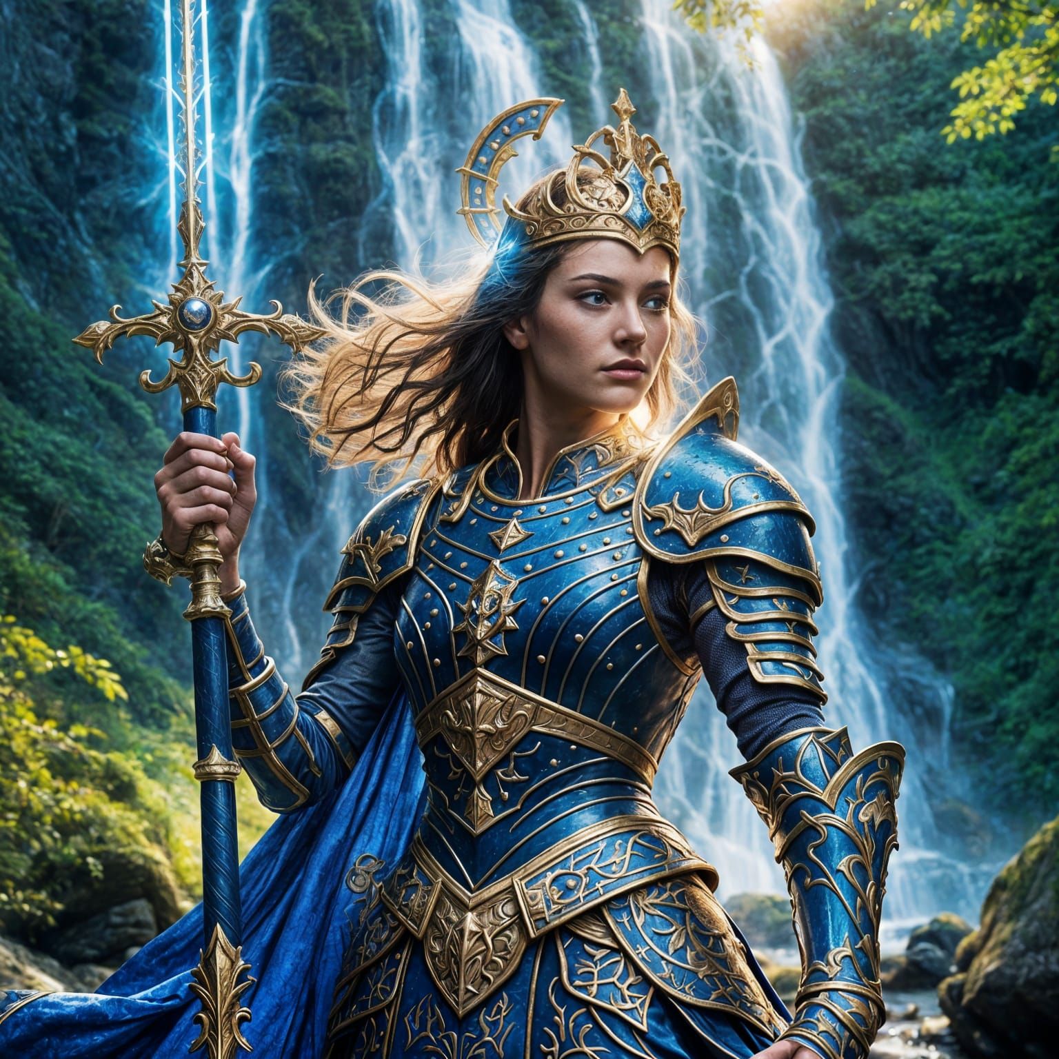 Woman Knight with Sword and Waterfall in Fantasy Art