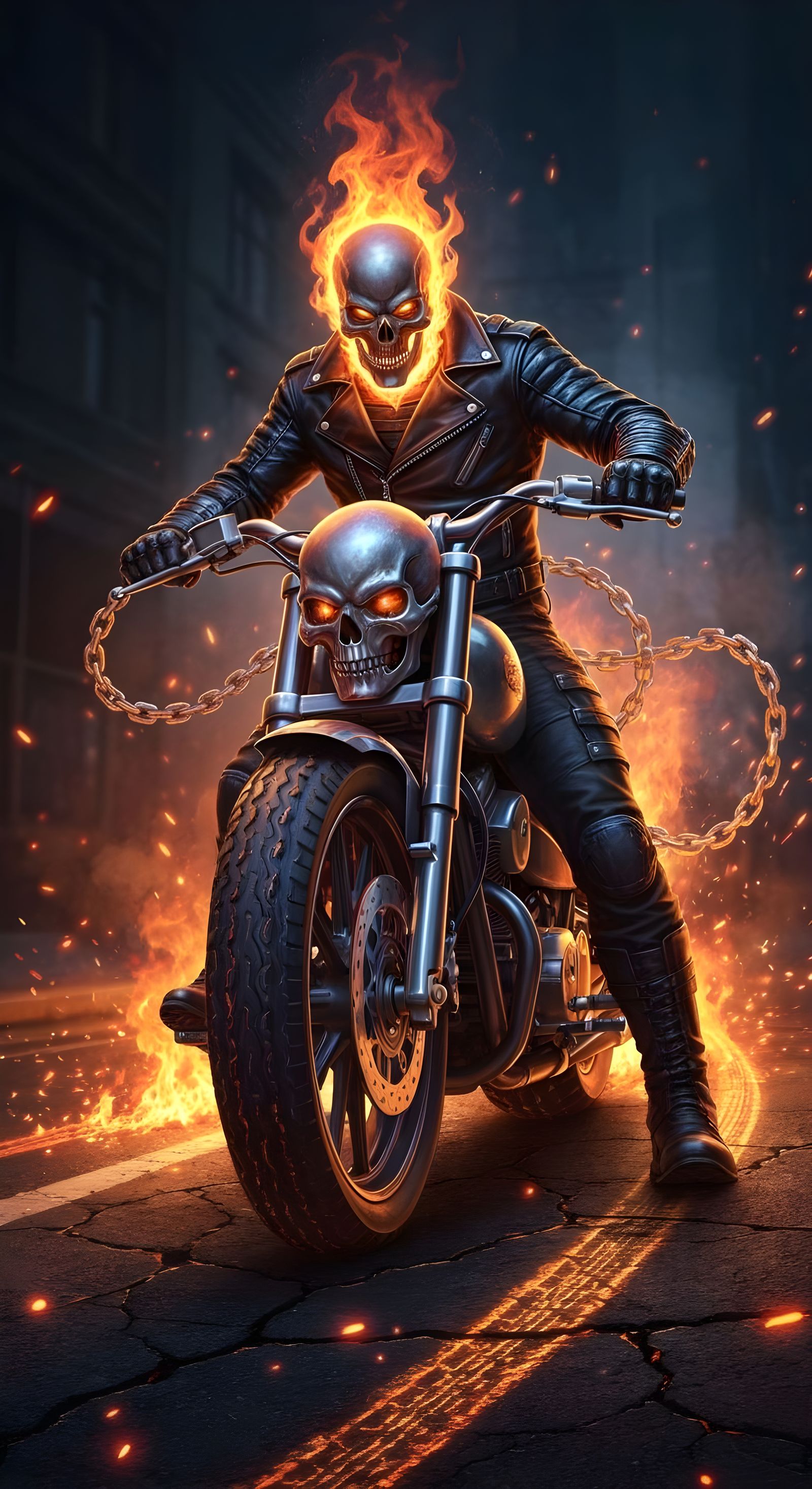 Ghost Rider on Motorcycle in Fiery Urban Night Scene