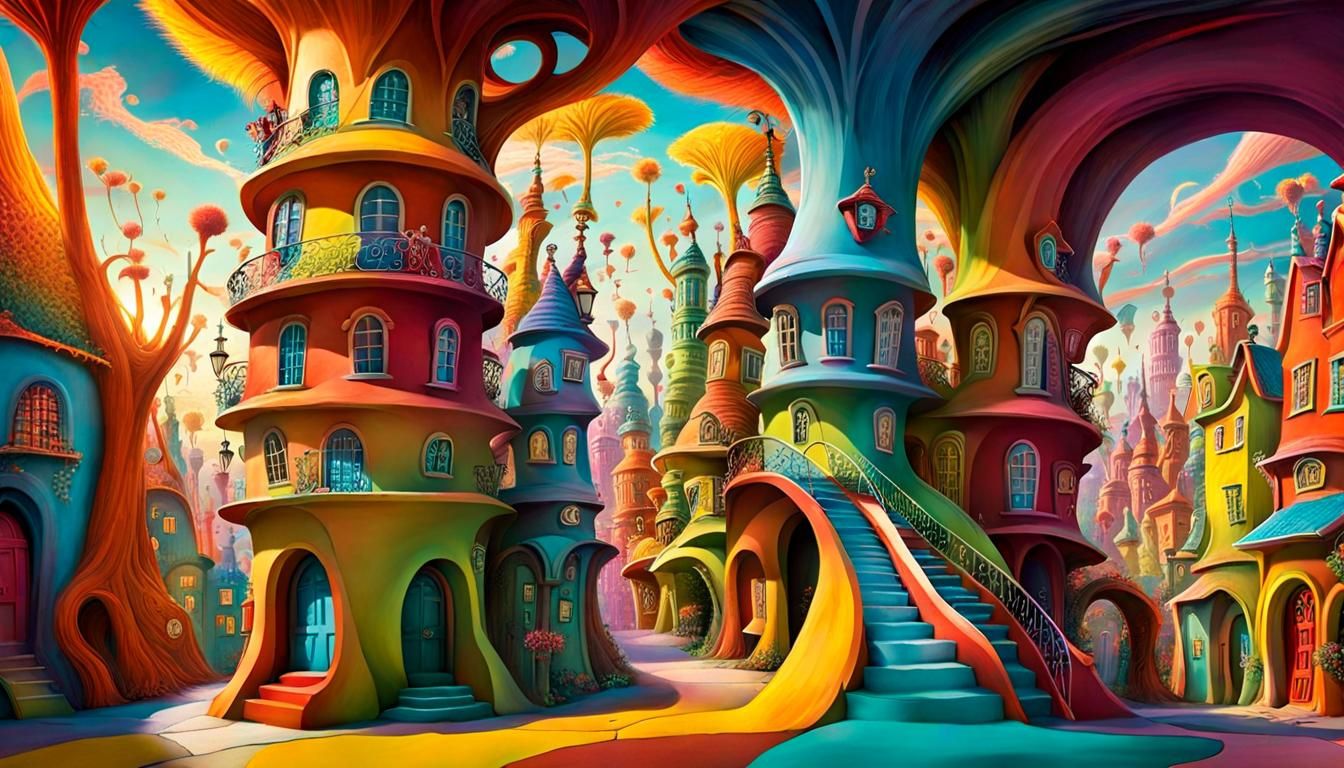 Surreal Whimsical Architecture in Dr. Seuss Style
