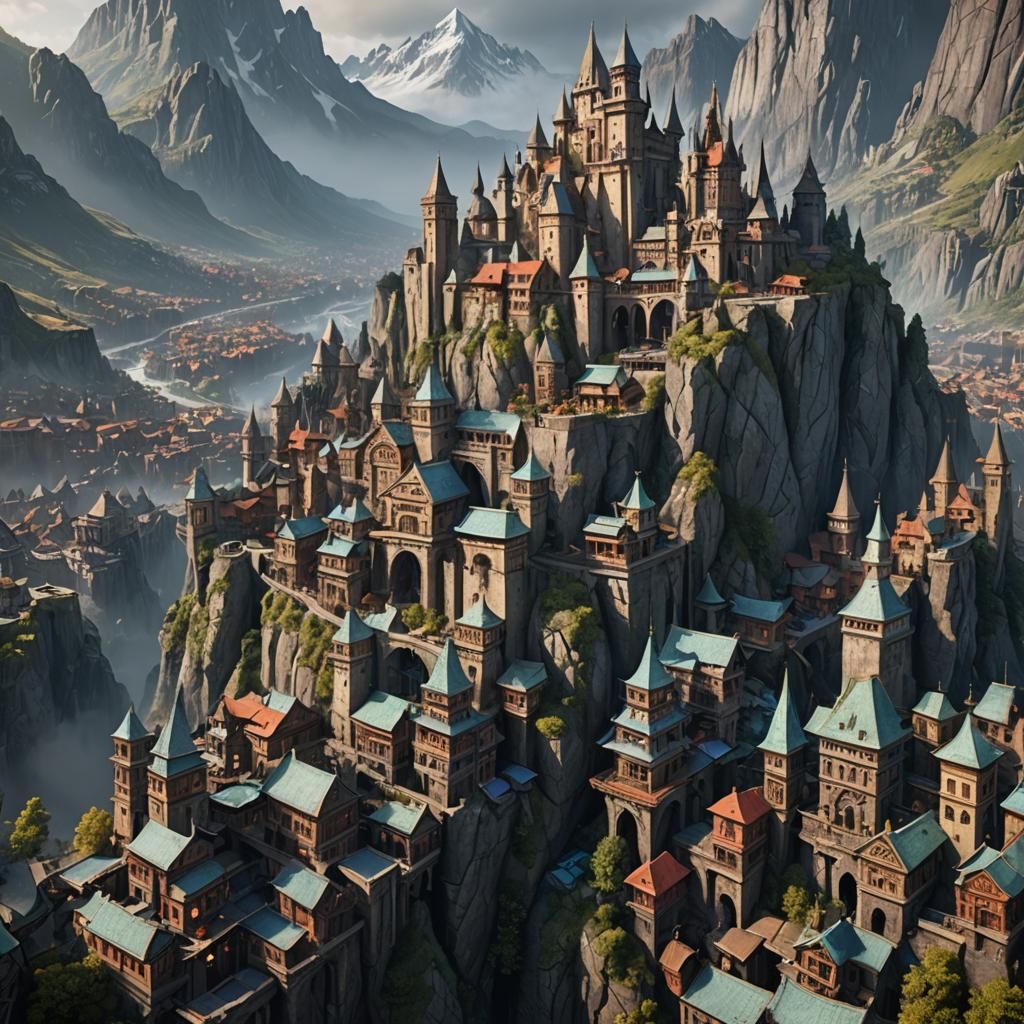 Fantastical Mountain City Concept Art in Deep Color