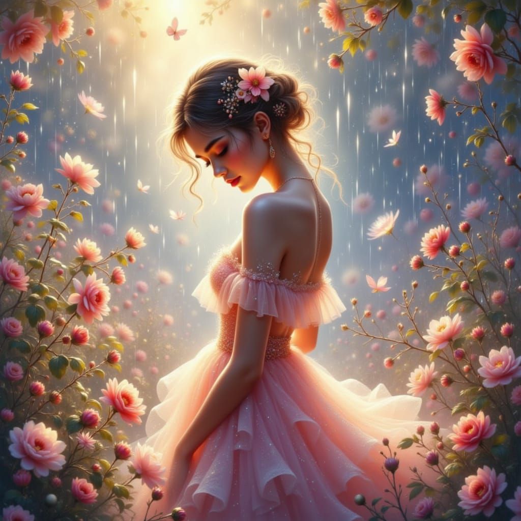 Ethereal Soul Blooming in Shimmering Rain