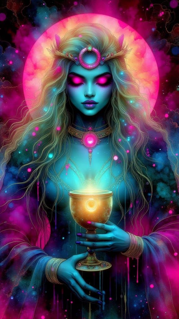 Neon Grunge Queen of Cups with Chalice