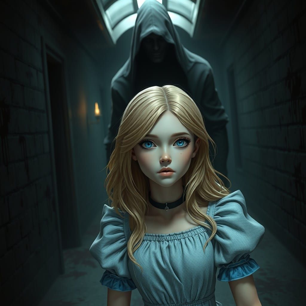 Alice in Dark Asylum with Shadowy Figure in 3D Horror