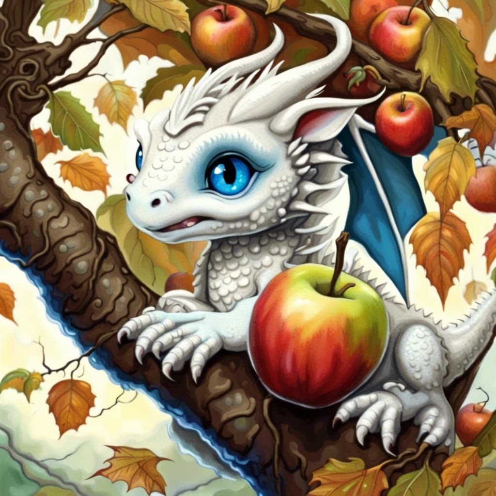 White Baby Dragon Picking an Apple in the Rain