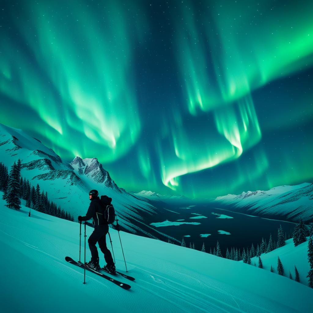 Night Skiing Under the Northern Lights