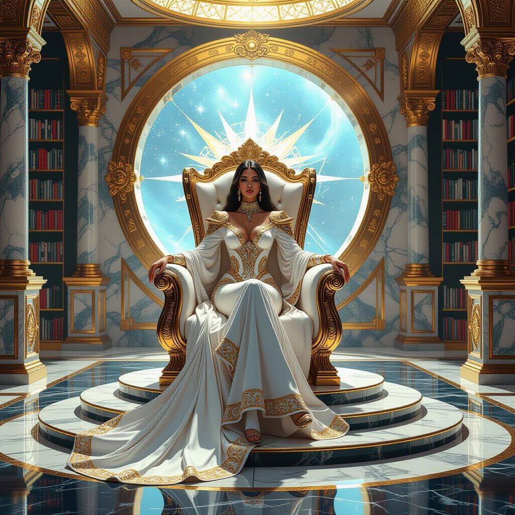 Celestial Goddess in Space Library, Digital Art Style