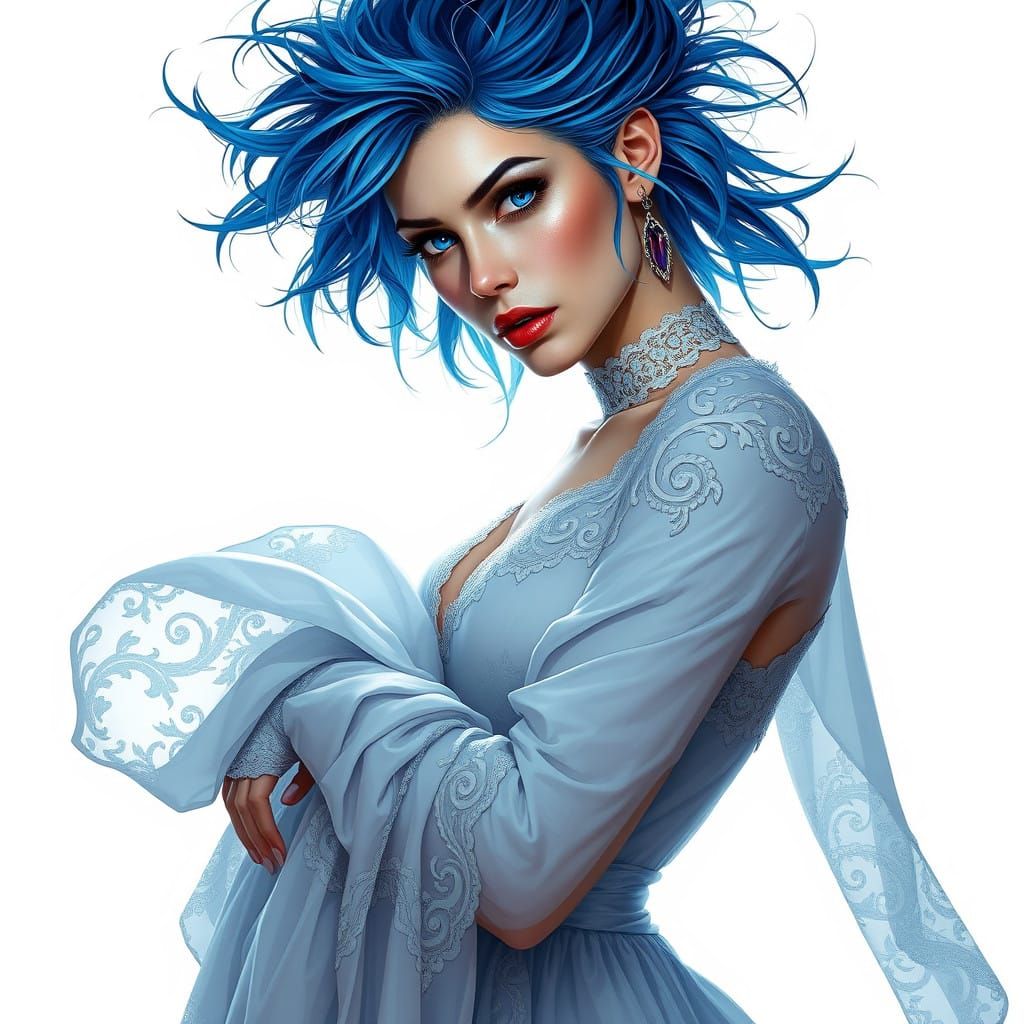 Ethereal Goddess in Electric Blue Hair, Flowing White Gown