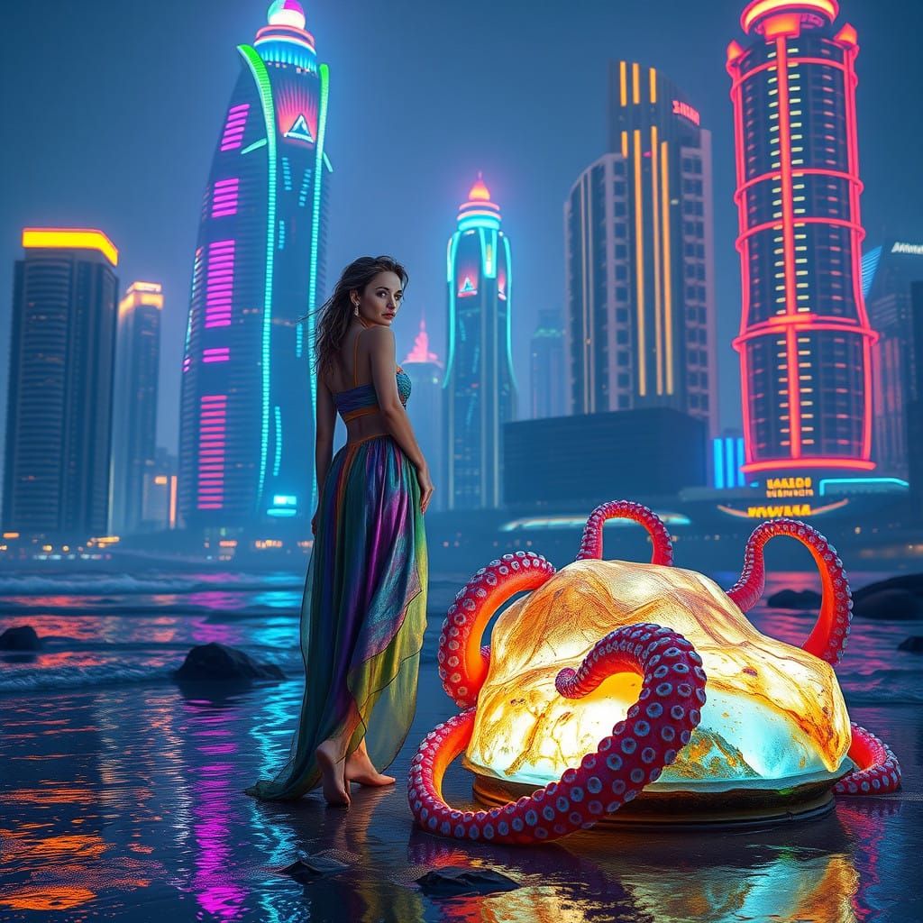 Woman in Iridescent Dress Standing Beside Majestic Octopus i...