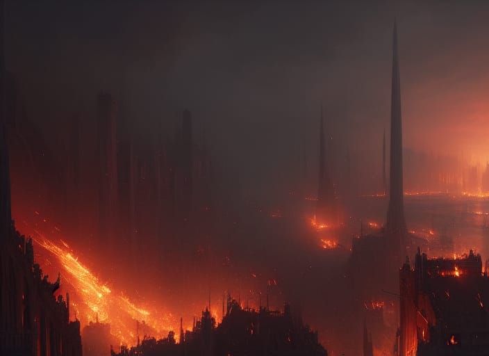 Inferno Overture: Council Ablaze in Dark Fantasy Style
