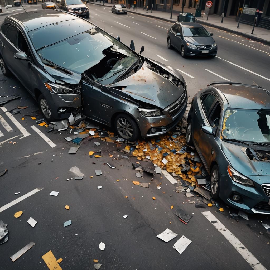 Close up shot of a head-on car collision on a busy street, dented metal, broken glass, impasto
