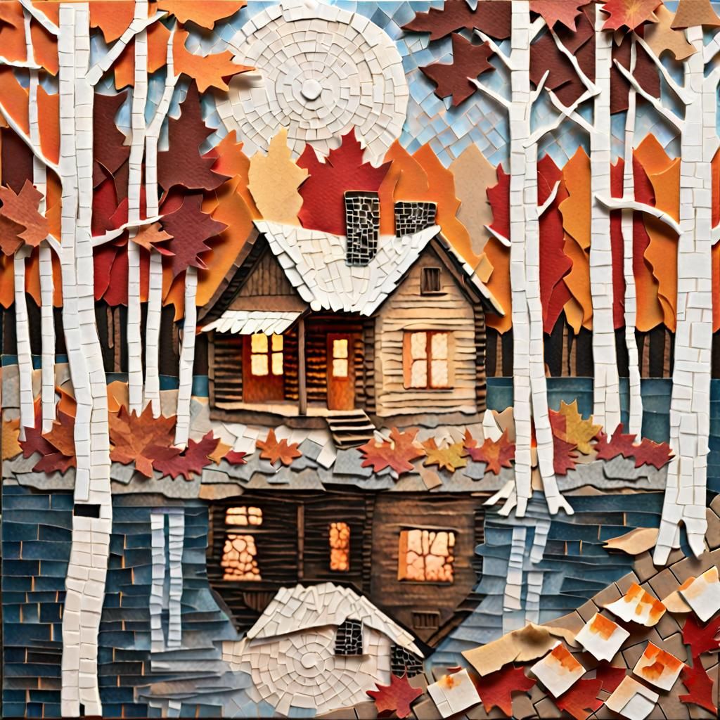 A torn paper collage of a rustic cabin