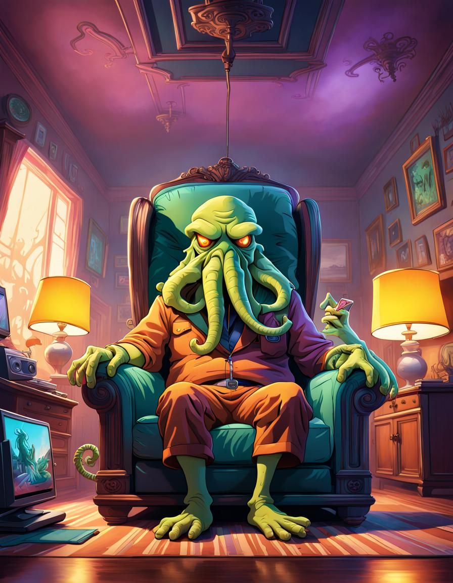 Cthulhu's Cozy Night: Watching TV in Matte Painting Style