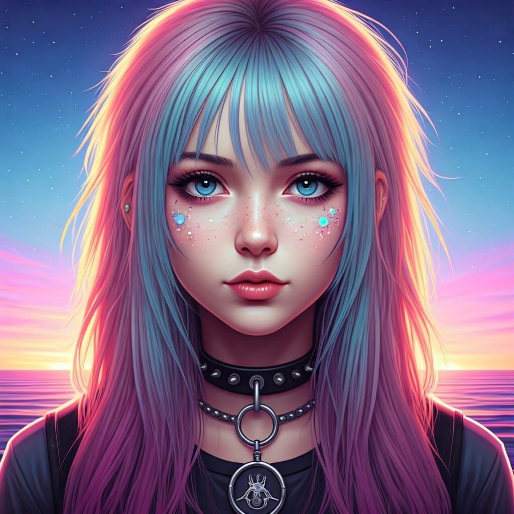 Pastel Goth Punk Portrait with Rainbow Stars